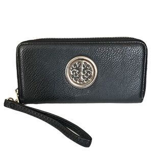 Gold Emblem Black Vegan Leather Double Zip Around Wristlet Wallet Clutch